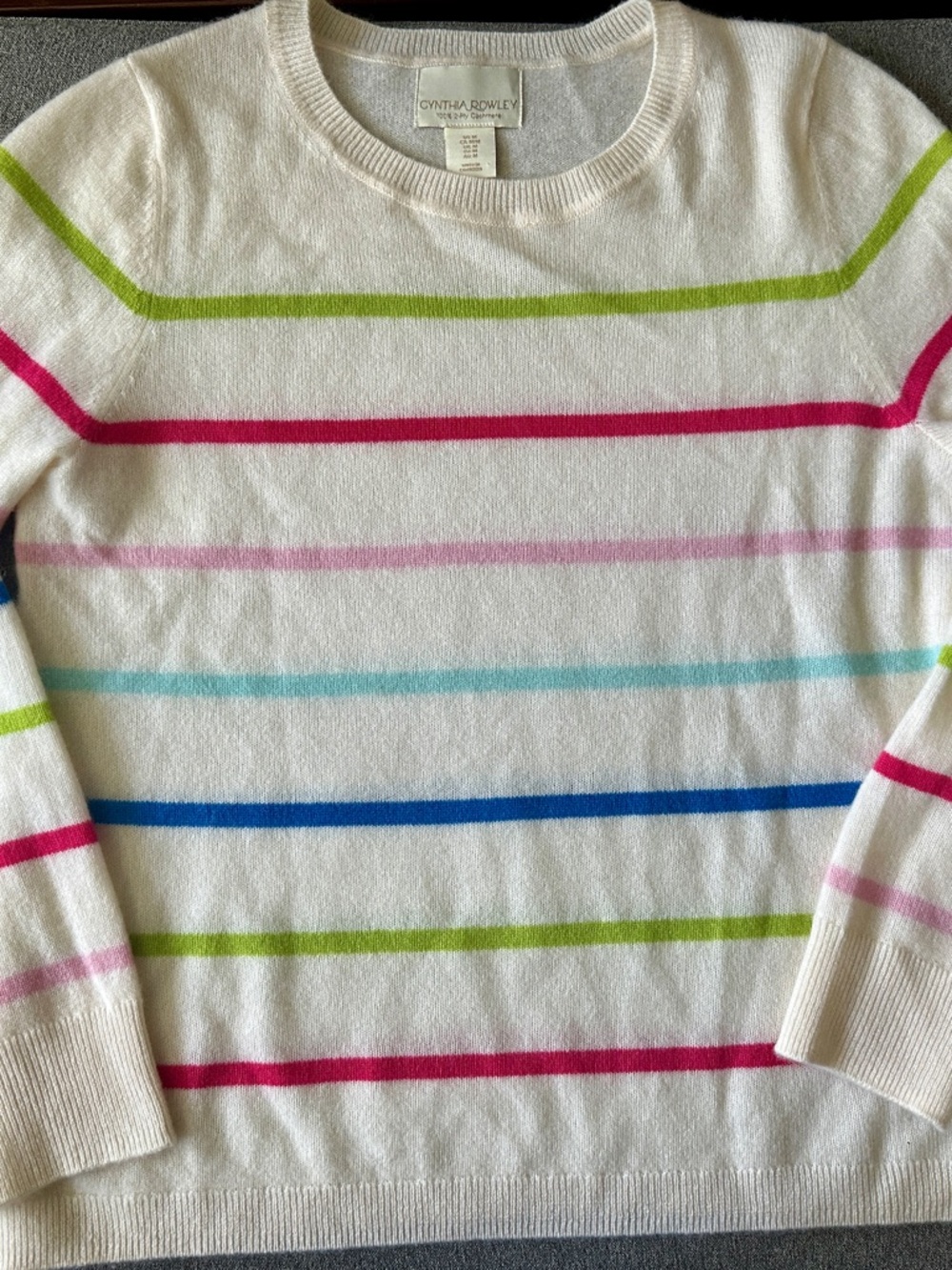 100% Cashmere Cynthia Rowley White Crewneck Sweater with Multi-Color Stripes - Picture 7 of 7